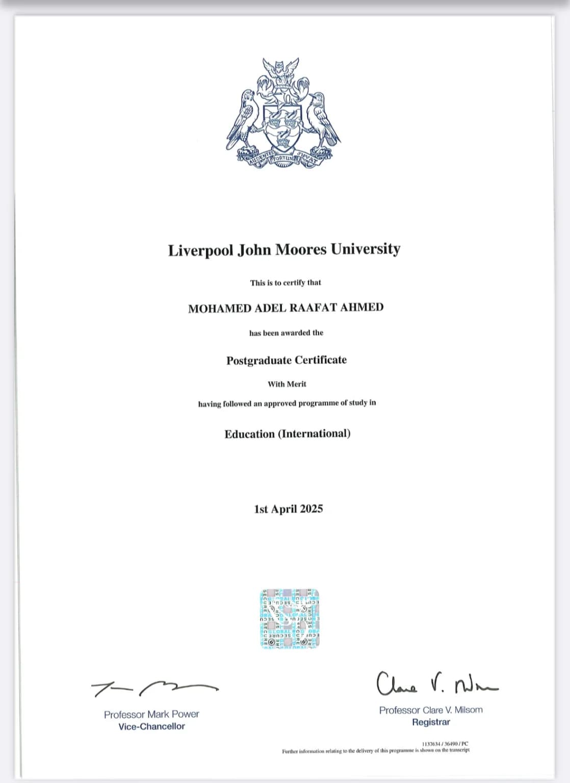 PGCE certificate from Liverpool John Moores University in the name of Mohamed Adel Raafat Ahmed